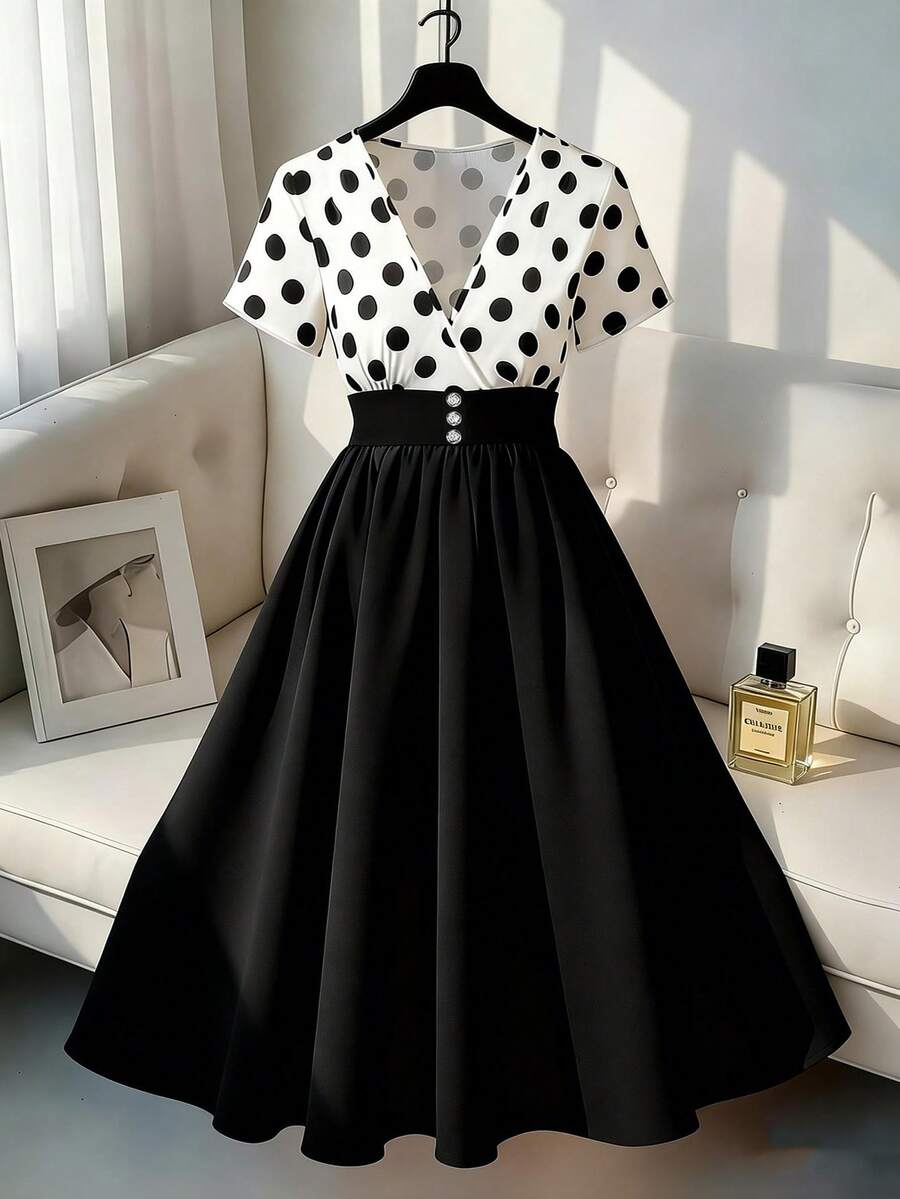 SHEIN CURVE+ Plus Size Women's Elegant French Style Polka Dot Contrast Color Button Short Sleeve Dress - Black and White - View 1