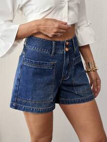 Flexra 女士双口袋纽扣门襟百搭牛仔短裤 - 藍色 - 查看 5