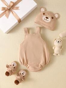 SHEIN Maillard 風棕熊連身衣套裝,包含吊帶褲、配套帽子和鞋子 - 3 件套裝,Cupid Pick,柔軟可愛的服裝,適合新生兒拍照、百日慶、1 歲生日 - 卡其色 - 查看 4