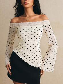 Poéselle Áo thun nữ trễ vai phối ren Pháp, đắp vải, bèo nhún, họa tiết chấm bi phong cách thanh lịch - Màu be - Xem 7