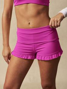 VARSITIE Women's Solid Color Ruffle Hem Sports Shorts - Hot Pink - View 2