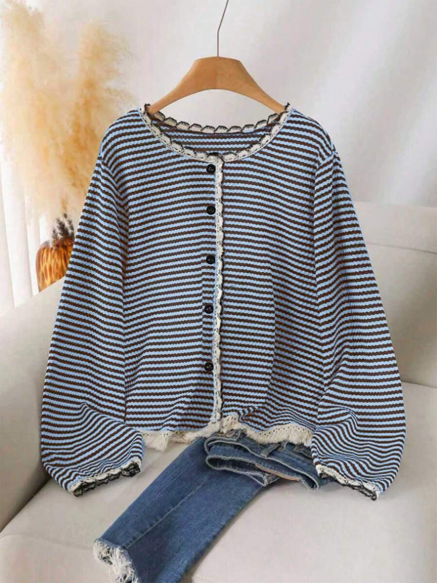 Franclia Plus Size Women Striped Front Button Fringe Hem Top Fall - Blue - View 1