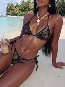Lumalex 2 chiếc áo bikini cổ yếm ren hoa với dây rút đính hạt và quần đáy buộc bên, bộ đồ bơi thời trang quyến rũ cho bãi biển, hồ bơi, thể thao dưới nước - màu đen - Xem 3