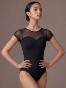 SHEIN Conjunto deportivo de una pieza para adolescente, cuello redondo elástico con malla de contraste, verano, vuelta a la escuela, universidad - Negro - Ver 1