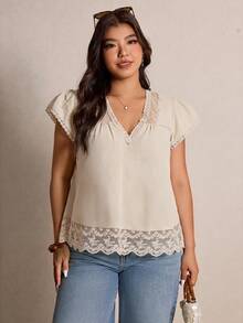 Elaquor Plus Size Women Contrast Lace Tie Back Ruffle Sleeve Blouse - Apricot - View 6