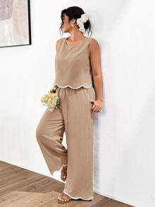 Lounesse Plus Size Contrast Trim Sleeveless Top And Pants 2 Pieces Set - Apricot - View 6
