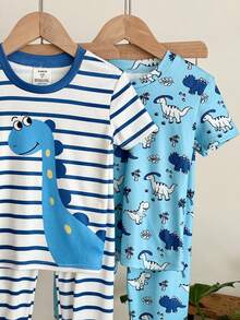 SHEIN 4pcs Young Boy Knit Snug Fit Loungewear Set, Loose Casual Cute Dinosaur Pattern, Suitable For Summer - Multicolor - View 4