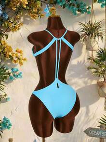 Amplova Women's One-Piece Swimsuit With Cutout Details, Sexy Tropical Avant-Garde, Suitable For Holiday Wear Bathing Suits For Women Beach Vacation Light Blue - Blue - View 3