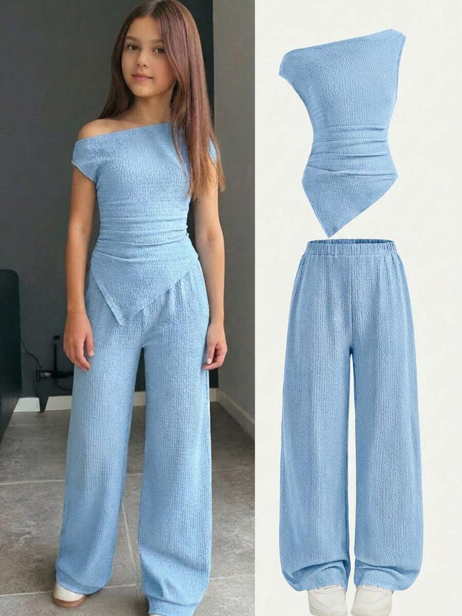 Firerie Kids 2pcs/Set Tween Girls' Casual Blue Summer Ruched Off-Shoulder Sleeveless Fitted Knit Top And Flare Pants Set,Suitable For Home,Outdoor,Travel,School - Blue - View 1