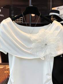 GlowEve Women's Elegant 3D Floral Decorated T-Shirt, Summer - White - View 3