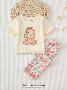 Cozy Pixies Bộ đồ 2 món cho bé gái: Áo thun cổ tròn tay ngắn và quần cạp chun in hình động vật hoạt hình, chất liệu mềm mại. - Màu be - Xem 7