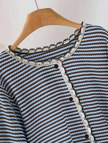 Franclia Plus Size Women Striped Front Button Fringe Hem Top Fall - Blue - View 3