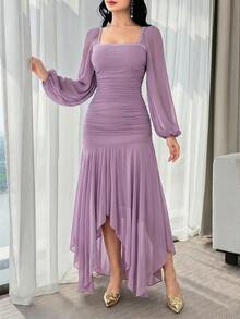 Feyla Women's Solid Color Mesh Splicing Pleated Casual Elegant Long Dress Dinner Mauve Purple Autumn - Lilac Purple - View 8