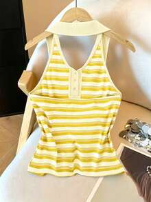 Franclia French Style Striped Backless Halter Neck Tank Top For Women, Summer, Slimming & Age-Reducing - Yellow - View 2