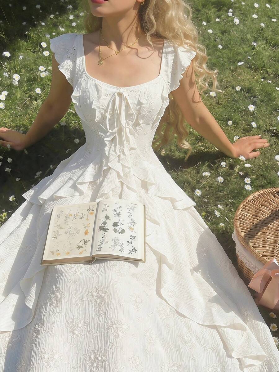 SHEIN MOD Vestido ajustado con volantes en el bajo en color albaricoque - Albaricoque - Ver 1