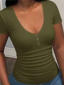 Slaydiva Plus Size Solid V-Neck Short Sleeve Fitted Summer Comfortable T-Shirt Date Going Out Night Olive Green Sexy - Army Green - View 6