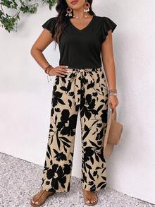 Lounesse Floral Colorblock Blouse & Pants 2 Pieces Set, Plus Size - Multicolor - View 5