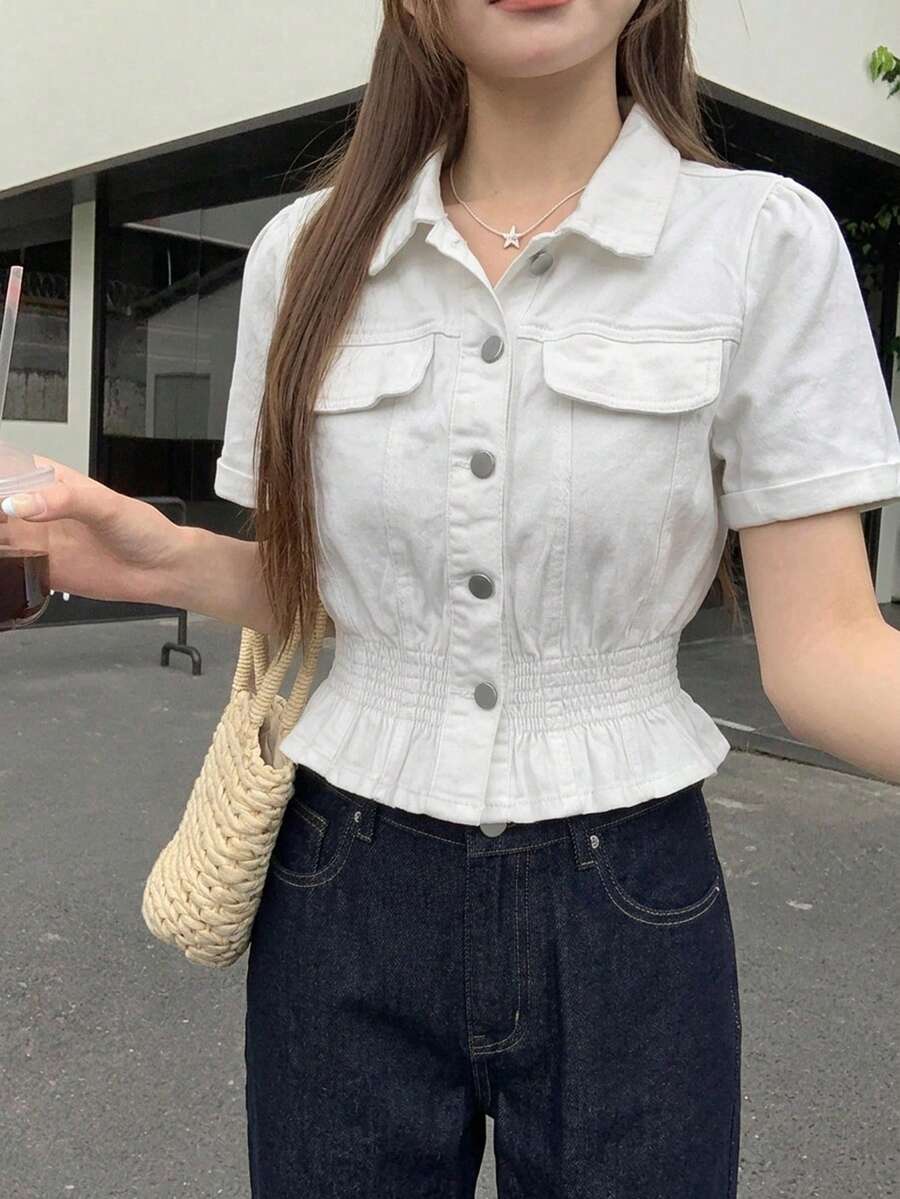 DAZY 女款韓式修身休閒牛仔上衣，夏季 - 白色 - 查看 1