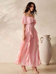 SHEIN Elegant Romantic French Ruffle Off Shoulder  Chiffon Fitted Slimming A-Line Long Dress, Sweet Ruffle Decor, Suitable For Dates - Dusty Pink - View 1