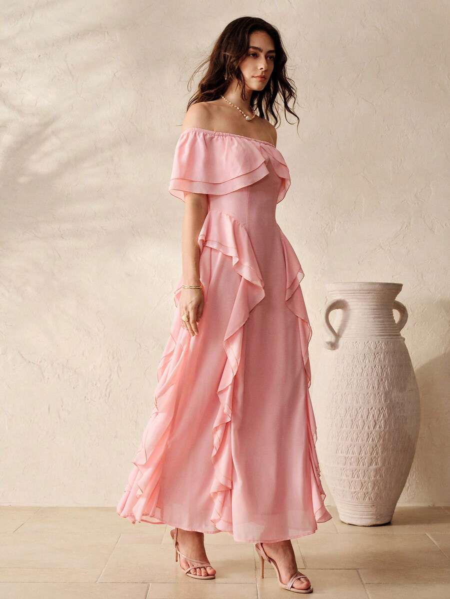 SHEIN Elegant Romantic French Ruffle Off Shoulder  Chiffon Fitted Slimming A-Line Long Dress, Sweet Ruffle Decor, Suitable For Dates - Dusty Pink - View 1