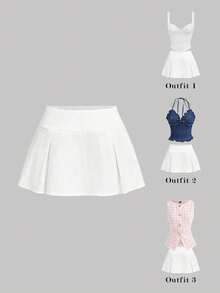 SHEIN MOD Women's Summer White Low-Waist Pleated Mini Skirt Shorts - White - View 1
