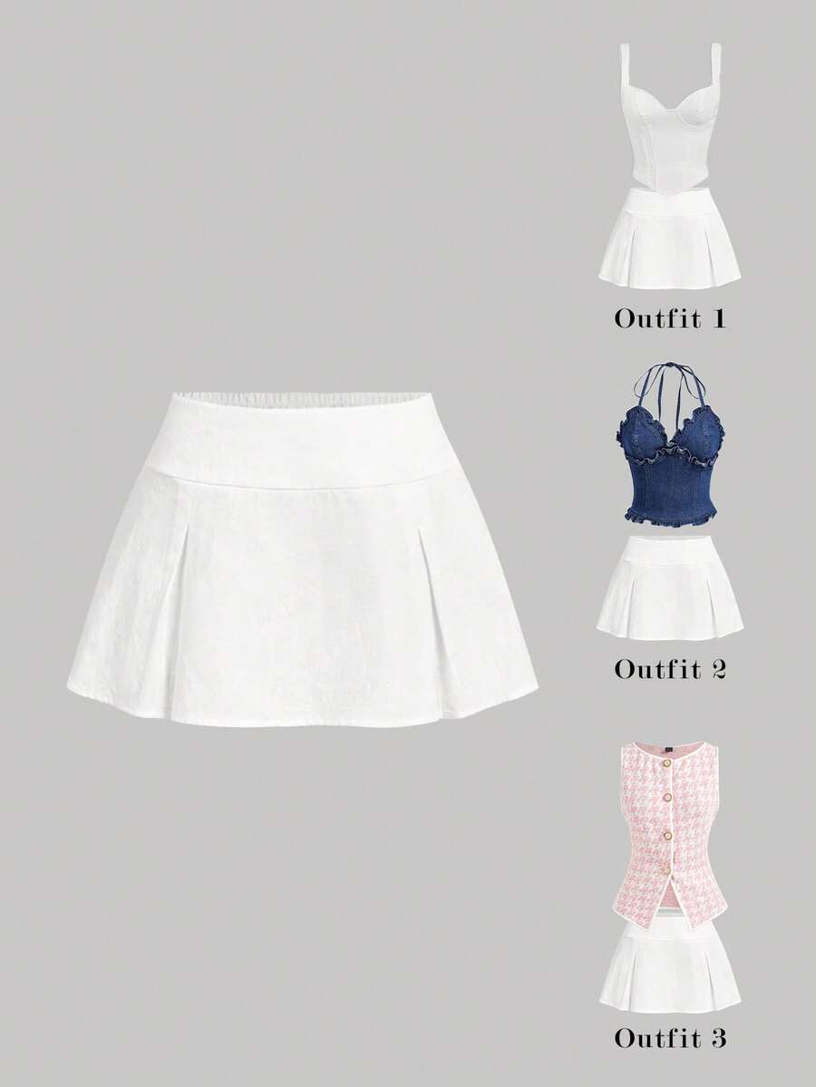 SHEIN MOD Women's Summer White Low-Waist Pleated Mini Skirt Shorts - White - View 1