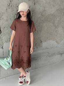 Hapijoa Tween Girls Round Neck Knit Contrast Mesh Dress, Summer Vacation - Brown - View 6