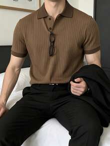 JOLTRO 男士短袖罗纹针织 Polo 衫，复古风格 - 棕色 - 查看 1