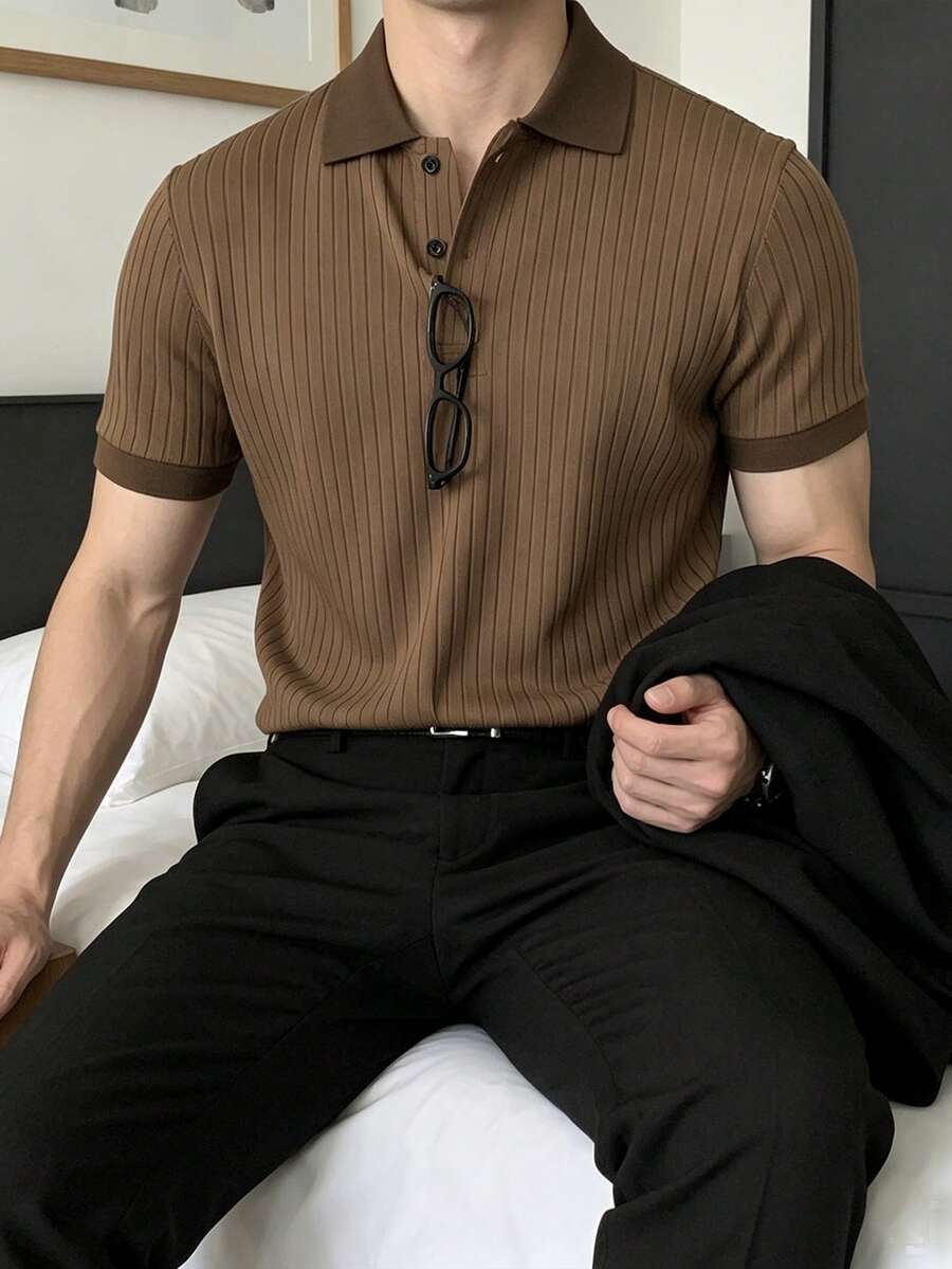 JOLTRO 男士短袖罗纹针织 Polo 衫,复古风格 - 棕色 - 查看 1