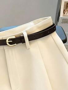 SHEIN PETITE 女款高腰米白色附腰帶短褲，優雅夏季套裝短褲，辦公室正裝褲，休閒寬腿工作穿搭，百搭時尚短褲，適合嬌小女性 - 杏色 - 查看 3