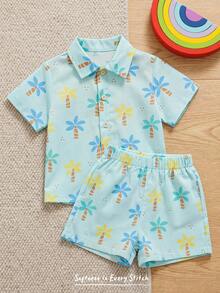 Cozy Pixies 2pcs/Set Toddler Boys' Blue Cartoon Plant Print Short Sleeve Shirt And Shorts Set,Funny Summer Vacation Holiday Casual Outfit For Daily Wear,Parties - Multicolor - View 1