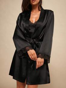 Silquee Conjunto de pijama de unicolor para mujer con parches de encaje, ropa de otoño e invierno - Negro - Ver 6