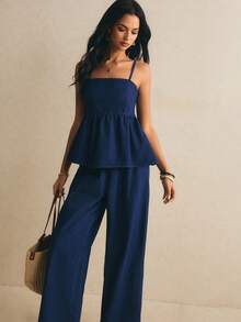 Poéselle Women's Solid Color Tank Top And Elastic Waist Jeans Set, Dark Blue Two-Piece Set Casual Sets For Women  Y2K - Medium Wash - View 8