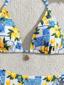 Swim Mod Women's Summer Beach Holiday Halter Tie Blue Lemon Flower Backless Sexy Bikini Set - Blue - View 4