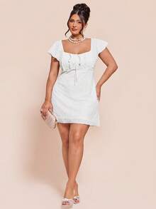 SHEIN BAE Große Größen Minikleid für Damen, weiß strukturiert, Kleid mit Rüschenärmeln - Weiss - Übersicht 6
