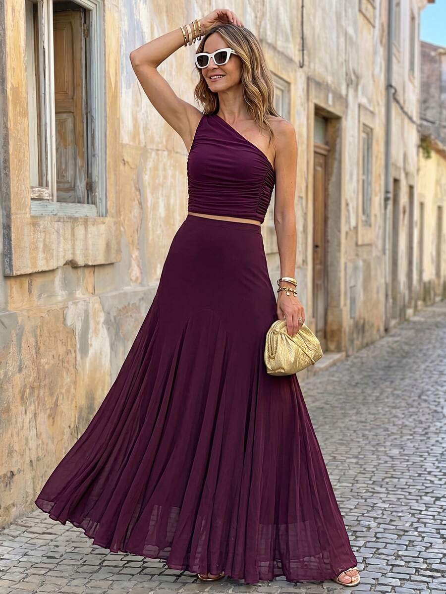 Lavishia Bộ váy maxi trễ vai mùa hè dành cho nữ, trang phục dự lễ hội âm nhạc phong cách bohemian thanh lịch. - Màu tím - Xem 1