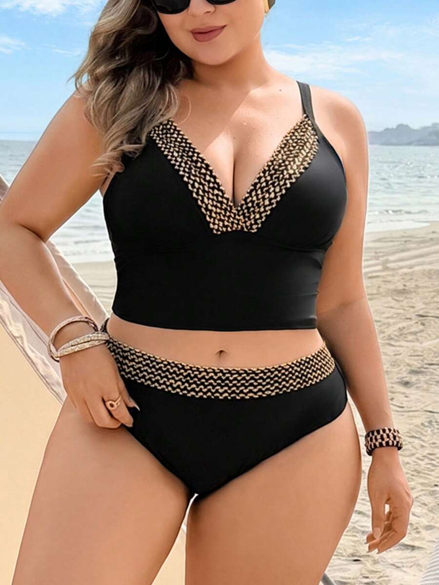 Swim Lushoire 2026新款2件組女款素色貼身金色緞面可調節肩帶高腰褲度假休閒派對大尺碼比基尼套裝 - 黑色 - 查看 1