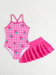 SHEIN Young Girl Strawberry & Plaid Print Spaghetti Strap One-Piece Swimsuit With Solid Color Mini Skirt Set - Hot Pink - View 5