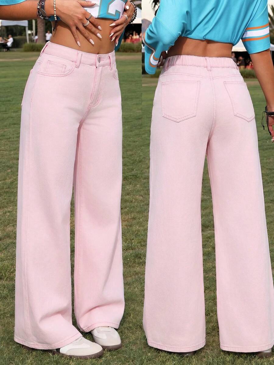 SHEIN PETITE Jeans droits ajustés pour femmes, tenues d'été bleues pour femmes, tenues de concert pour femmes, streetwear pour femmes, tenues d'été pour femmes, jeans amples, tenues de cowgirl pour femmes, tenues de rave festival, tenues de concert pour femmes, tenues de pays pour femmes, jeans fluides, tenues de club pour femmes, tenues de Coachella