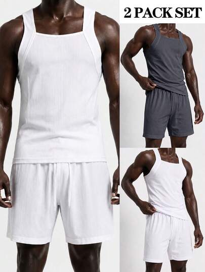 Manfinity Underwear&Sleepwear Basics Bộ đồ mặc nhà Manfinity nam 2 món gồm áo ba lỗ và quần short, vải gân, màu đen & trắng, phong cách cơ bản, thời trang, thoải mái
