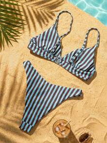 Swim Mod 2pcs/Set Women's Beach Outfit,Blue Striped Summer Tropical Holiday Vacation Fashion Cute Pool Party Adjustable Triangle Bikini Coastal - Multicolor - View 2