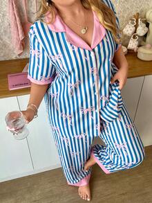Slumberry CURVE Sweet Striped Bow Decor Open Front Contrast Color Plus Size Pajama Set - Multicolor - View 4