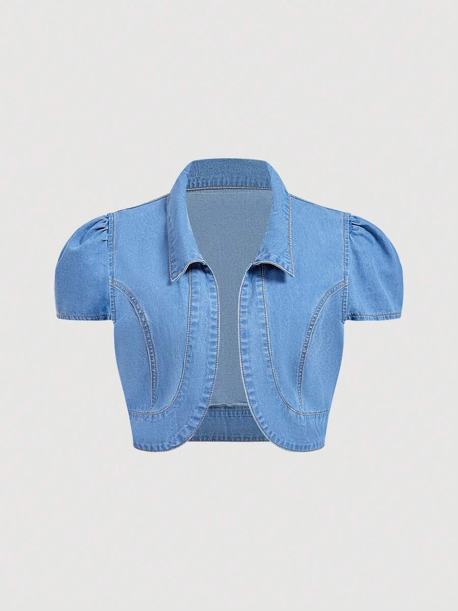 Sweetra Plus Size Lightweight Denim Short Sleeve Jacket, Summer Dates Party Light Blue 1960s Casual - Blue - View 1