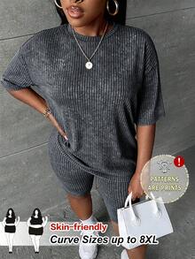 SHEIN CURVE+ Plus Size Women Summer Casual Streetwear Fashionable Street Chic Daily Commute Gym Drop Shoulder Loose Ribbed Knit T-Shirt And Skinny Shorts Set - Multicolor - View 1