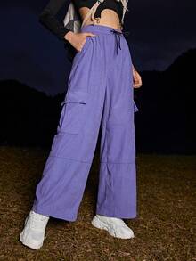 In My Nature Letter Graphic Drawstring Waist Corduroy Cargo Pants - Purple - View 5
