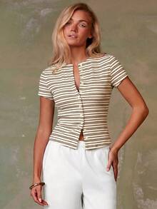 Athîral Damen gestreiftes Kurzarm-Casual-Top mit Einzelknopfleiste - Aprikosenfarben - Übersicht 5