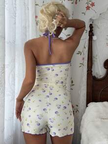 CottageSlumber Romantic Floral Lace Patchwork Backless Halter Jumpsuit Pajamas - Multicolor - View 2