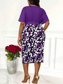 Villa Velisse Plus Size Women's Short Sleeve Tie-Up Patchwork Geometric Print Elegant Dress - Purple - View 2
