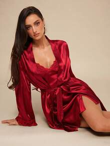 Silquee Lace Trimmed Cami Slip Dress And Belted Robe Pajama Set, Fall Winter Clothes Cozy And Elegant Details - Burgundy - View 7