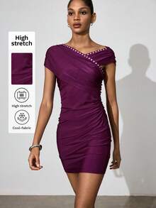 Gossip Girl X SHEIN SHEIN Maija Đầm ngắn ôm dáng thanh lịch đính ngọc trai dành cho nữ, thích hợp cho mùa hè. - Màu đỏ tím - Xem 5